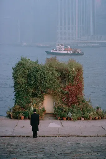 Midjourney generated image using SREF code Hushed Loomlight: A man standing in front of a building covered in ivy.