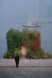 Midjourney generated image using SREF code Hushed Loomlight: A man standing in front of a building covered in ivy.
