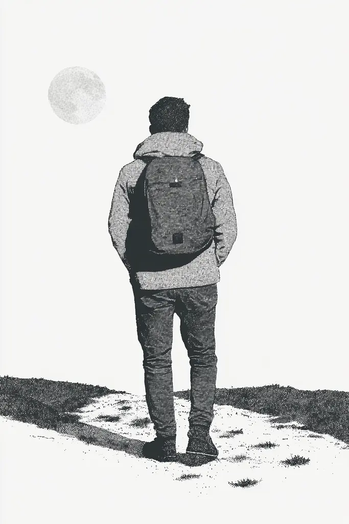 Midjourney generated image using SREF code Cosmic Contours: A man with a backpack standing in front of a full moon.