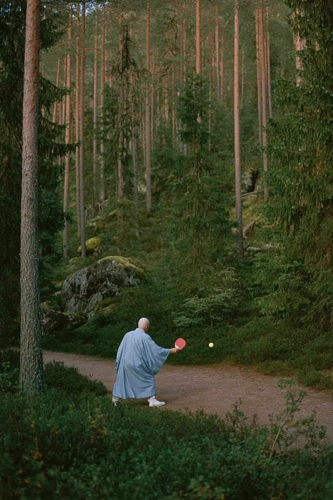 Midjourney generated image using SREF code Hushed Loomlight: A man in a blue robe playing ping pong in the woods.
