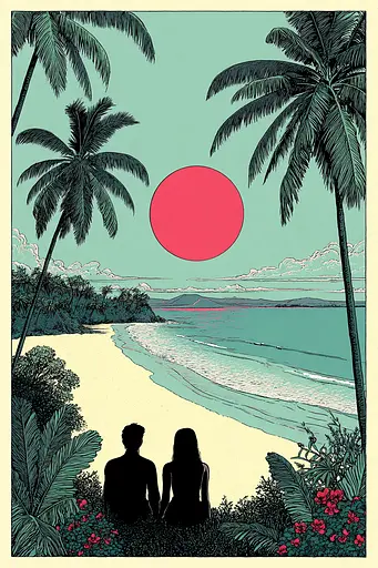 Midjourney generated image using SREF code Skeinshade: A couple sitting on a beach looking out at the ocean.