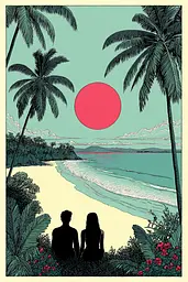 Midjourney generated image using SREF code Skeinshade: A couple sitting on a beach looking out at the ocean.