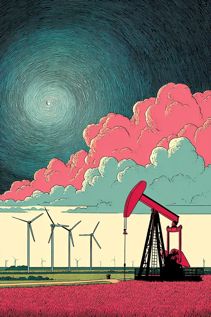 Midjourney generated image using SREF code Skeinshade: An illustration of an oil pump in a field with windmills in the background.