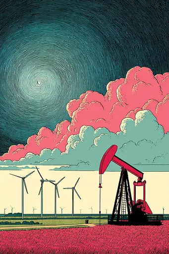 Midjourney generated image using SREF code Skeinshade: An illustration of an oil pump in a field with windmills in the background.