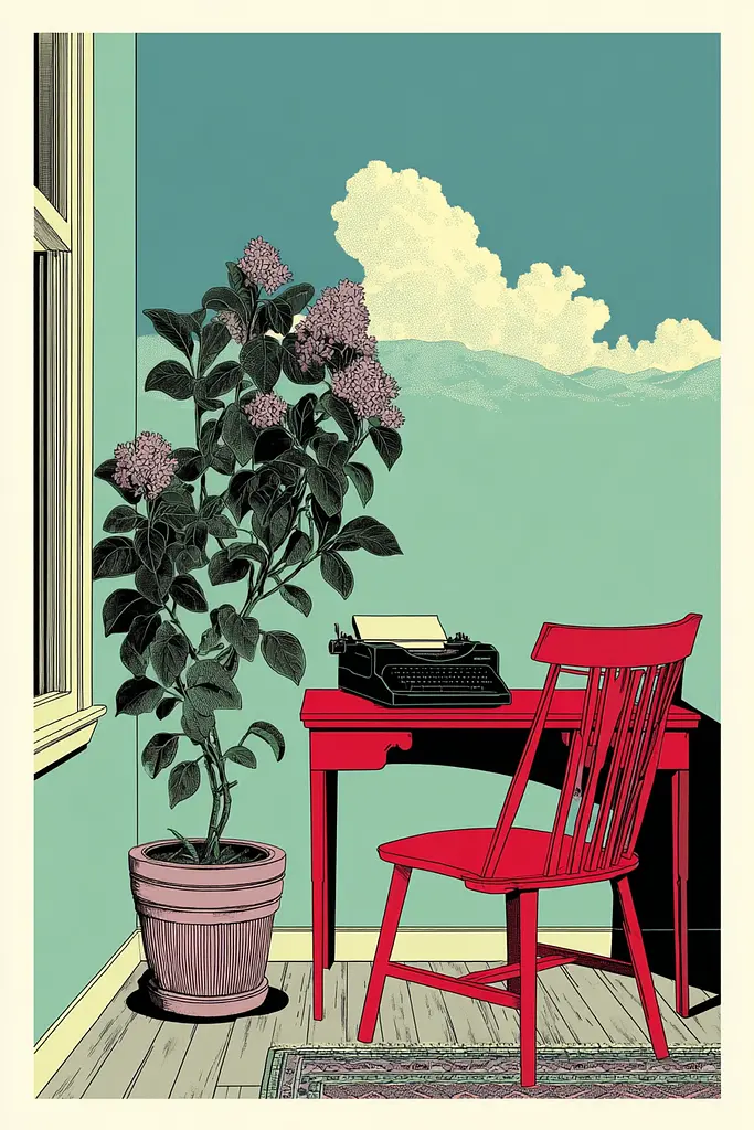 Midjourney generated image using SREF code Skeinshade: A red chair sitting next to a red desk with a typewriter on it.
