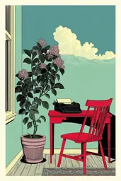 Midjourney generated image using SREF code Skeinshade: A red chair sitting next to a red desk with a typewriter on it.