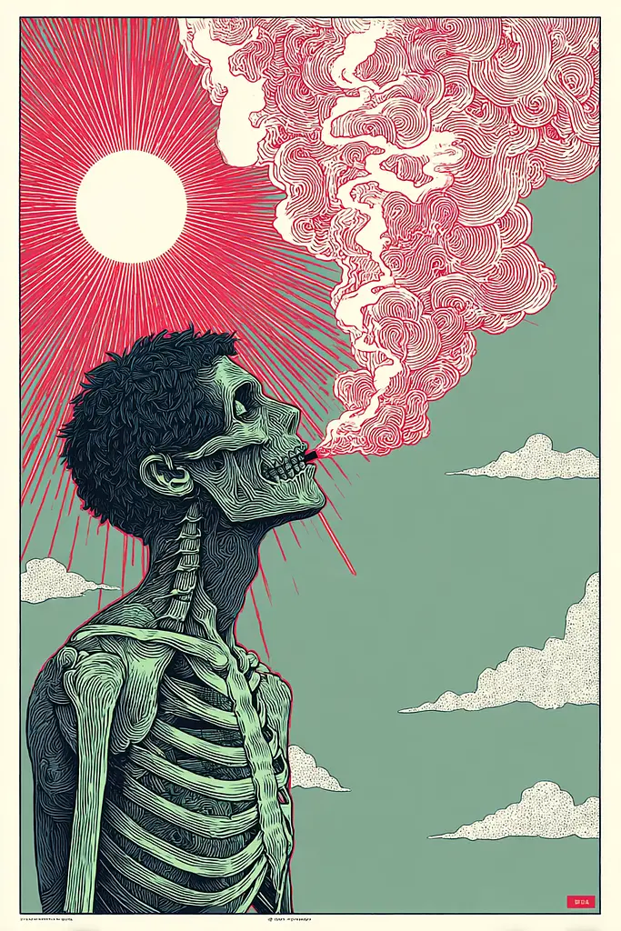 Midjourney generated image using SREF code Skeinshade: A skeleton smoking a cigarette in front of a sun.