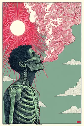 Midjourney generated image using SREF code Skeinshade: A skeleton smoking a cigarette in front of a sun.