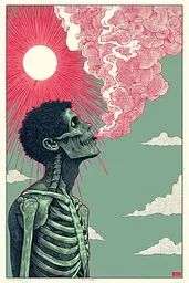 Midjourney generated image using SREF code Skeinshade: A skeleton smoking a cigarette in front of a sun.