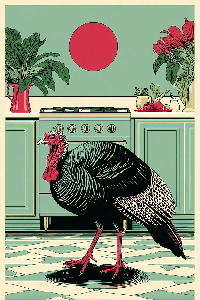 Midjourney generated image using SREF code Skeinshade: A turkey standing in a kitchen next to a stove.