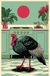 Midjourney generated image using SREF code Skeinshade: A turkey standing in a kitchen next to a stove.