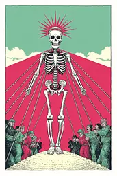 Midjourney generated image using SREF code Skeinshade: A drawing of a skeleton with a crown on its head.