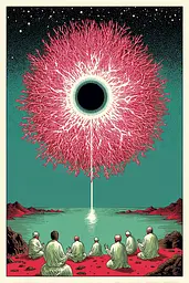 Midjourney generated image using SREF code Skeinshade: A group of people sitting in front of a tree with a black hole in it.