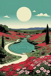 Midjourney generated image using SREF code Skeinshade: A field of red flowers with a river running through it.