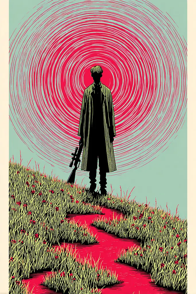 Midjourney generated image using SREF code Skeinshade: A man standing in a field of flowers holding a rifle.