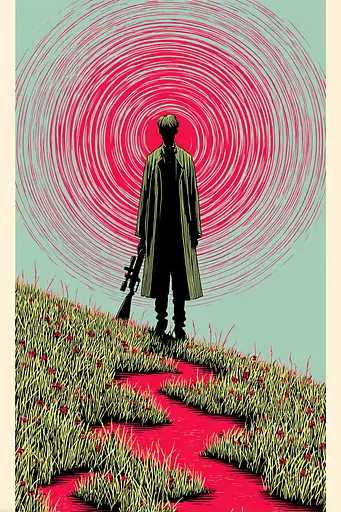 Midjourney generated image using SREF code Skeinshade: A man standing in a field of flowers holding a rifle.