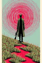 Midjourney generated image using SREF code Skeinshade: A man standing in a field of flowers holding a rifle.