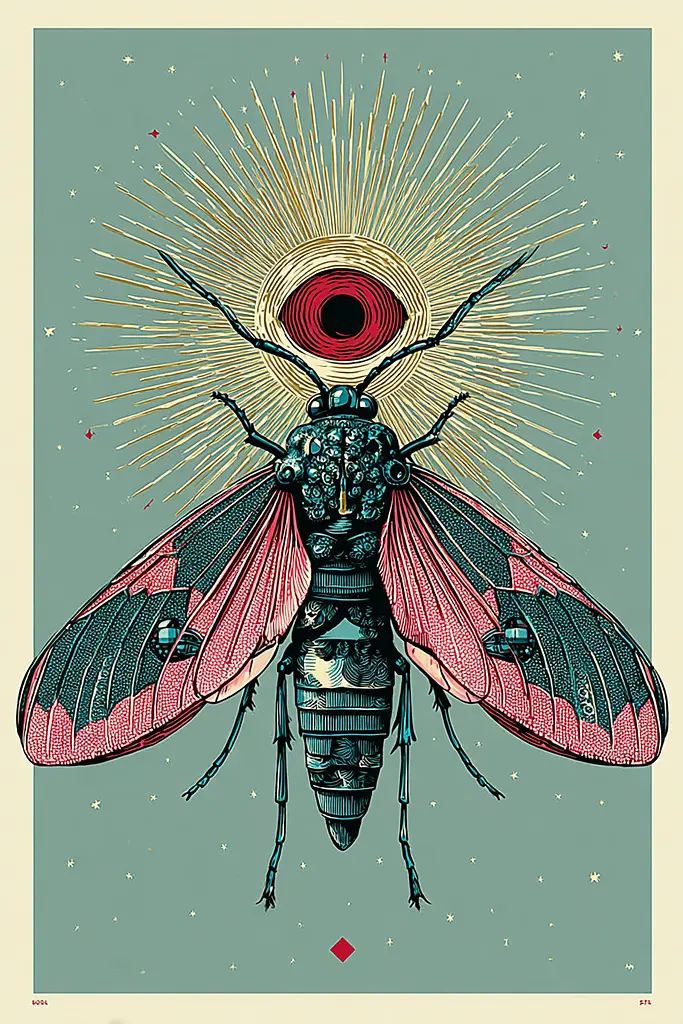 Midjourney generated image using SREF code Skeinshade: A drawing of a moth with a red eye on it's back.