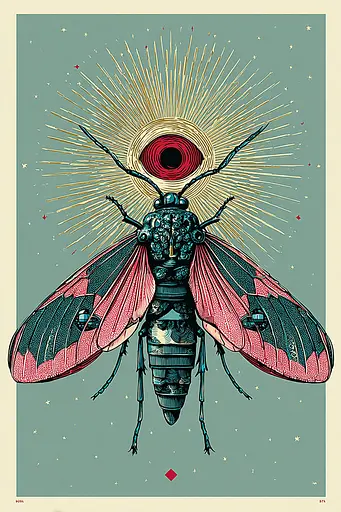 Midjourney generated image using SREF code Skeinshade: A drawing of a moth with a red eye on it's back.