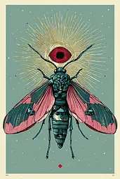 Midjourney generated image using SREF code Skeinshade: A drawing of a moth with a red eye on it's back.