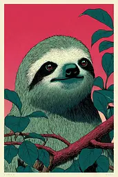 Midjourney generated image using SREF code Skeinshade: A sloth is sitting in a tree with green leaves.