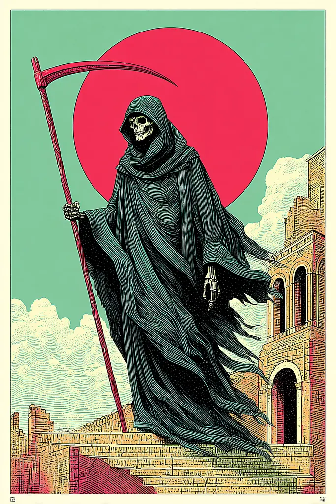 Midjourney generated image using SREF code Skeinshade: A grim reaper with a scythe standing in front of a red sun.