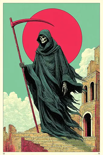 Midjourney generated image using SREF code Skeinshade: A grim reaper with a scythe standing in front of a red sun.