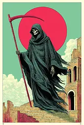 Midjourney generated image using SREF code Skeinshade: A grim reaper with a scythe standing in front of a red sun.
