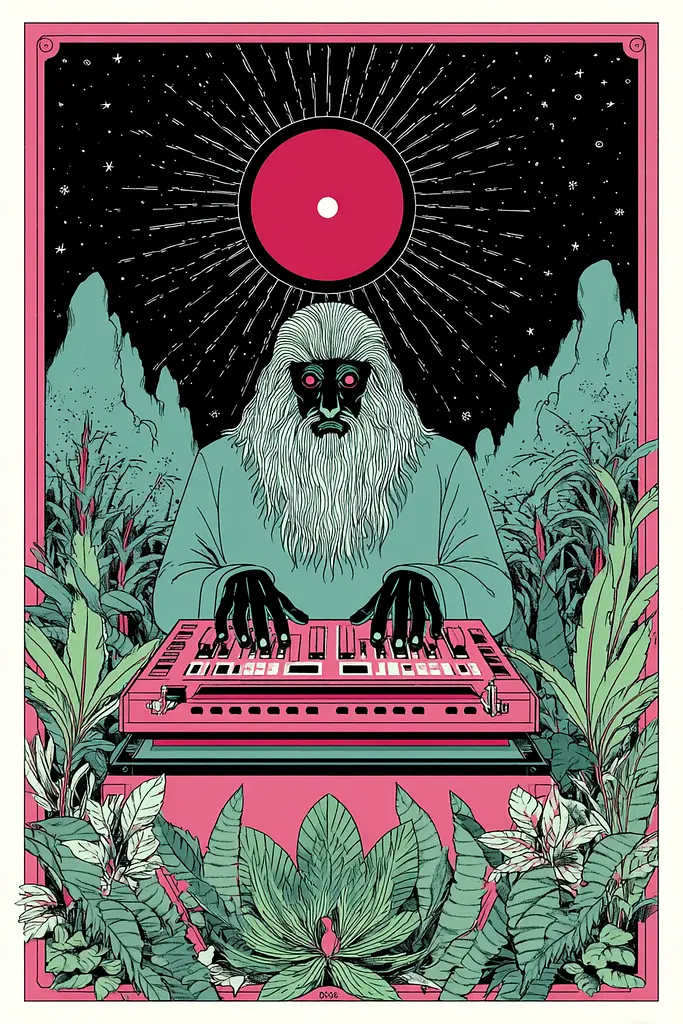 Midjourney generated image using SREF code Skeinshade: A poster of a man playing a synthesizer in a forest.