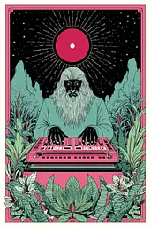 Midjourney generated image using SREF code Skeinshade: A poster of a man playing a synthesizer in a forest.