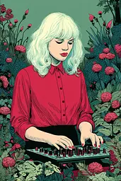 Midjourney generated image using SREF code Skeinshade: A woman in a red shirt playing a synthesizer surrounded by flowers.