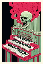 Midjourney generated image using SREF code Skeinshade: A poster of a skull playing a pipe organ.