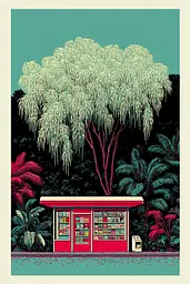 Midjourney generated image using SREF code Skeinshade: A red vending machine with a tree in the background.