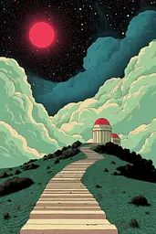 Midjourney generated image using SREF code Skeinshade: A painting of a path leading to a building in the sky.