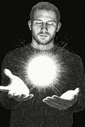 Midjourney generated image using SREF code Cosmic Contours: A man holding a glowing ball in his hands.