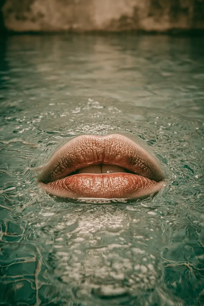 Midjourney generated image using SREF code Mudlore: A close up of a woman's lips in the water.