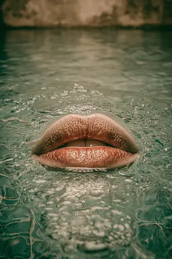 Midjourney generated image using SREF code Mudlore: A close up of a woman's lips in the water.