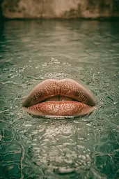Midjourney generated image using SREF code Mudlore: A close up of a woman's lips in the water.