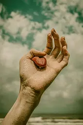 Midjourney generated image using SREF code Mudlore: A person holding a heart in their hand on the beach.