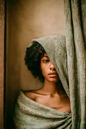 Midjourney generated image using SREF code Mudlore: A woman with curly hair wrapped in a green shawl.
