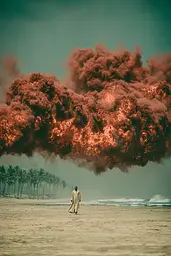 Midjourney generated image using SREF code Mudlore: A man walking on a beach under a large cloud of smoke.