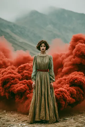 Midjourney generated image using SREF code Mudlore: A woman in a long dress standing in front of red smoke.