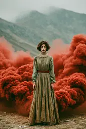 Midjourney generated image using SREF code Mudlore: A woman in a long dress standing in front of red smoke.