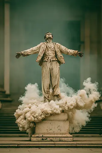Midjourney generated image using SREF code Mudlore: A statue of a man standing on top of a pedestal covered in smoke.