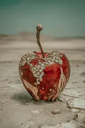 Midjourney generated image using SREF code Mudlore: A red apple sitting on top of a wooden table.