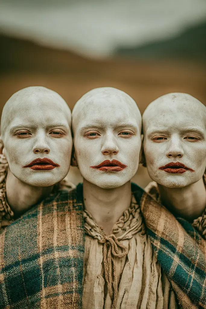 Midjourney generated image using SREF code Mudlore: A group of three people with white face paint on their faces.