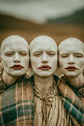 Midjourney generated image using SREF code Mudlore: A group of three people with white face paint on their faces.