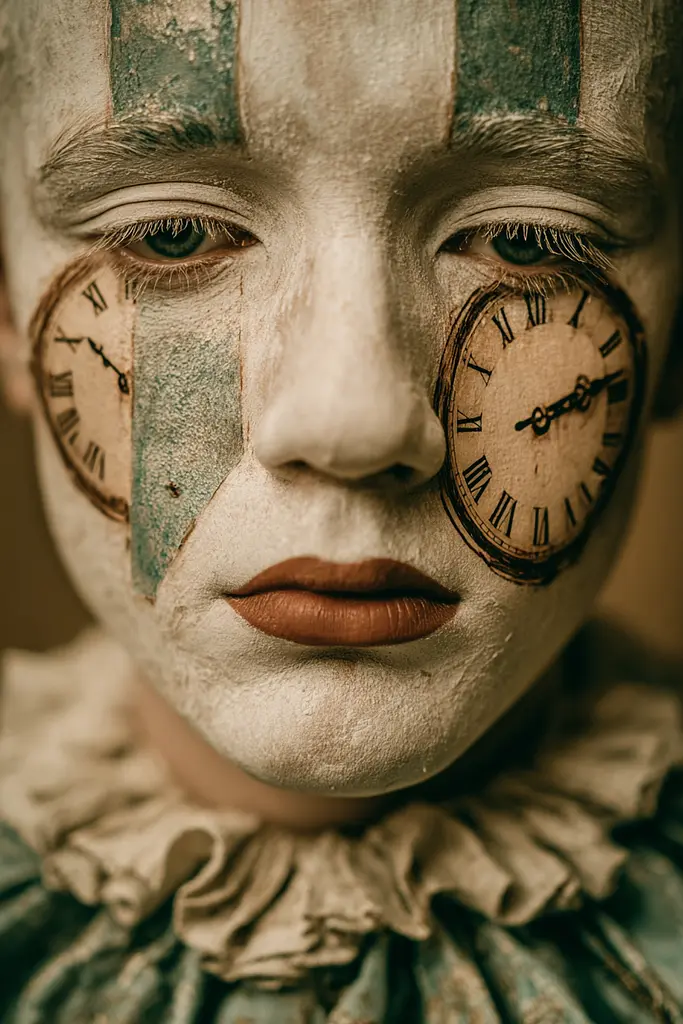 Midjourney generated image using SREF code Mudlore: A child with a clown face painted like a clown with a clock on his face.