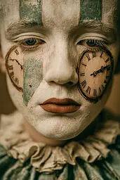 Midjourney generated image using SREF code Mudlore: A child with a clown face painted like a clown with a clock on his face.