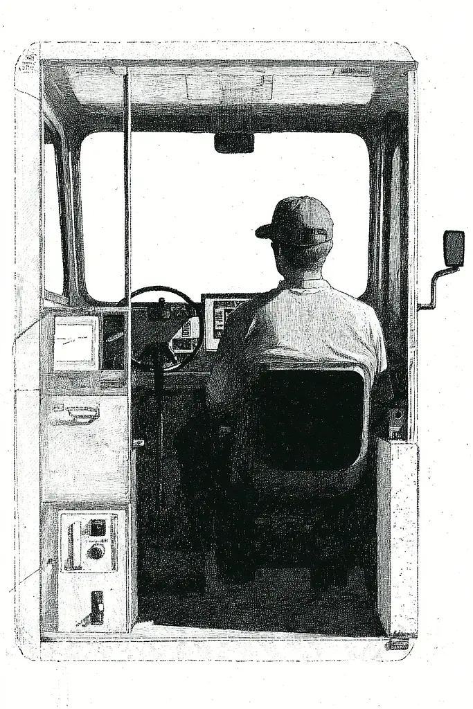 Midjourney generated image using SREF code Cosmic Contours: A black and white drawing of a man driving a truck.